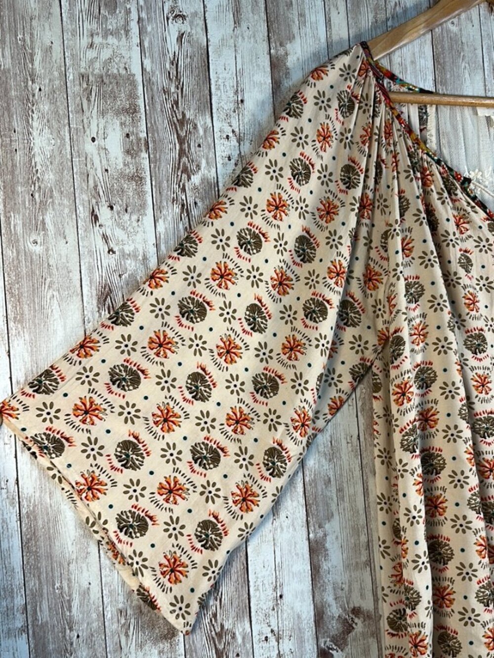 Umgee Women's Flowy Peasant Blouse Boho sz Medium Lace Panel Tassel Tan Orange - Picture 5 of 15